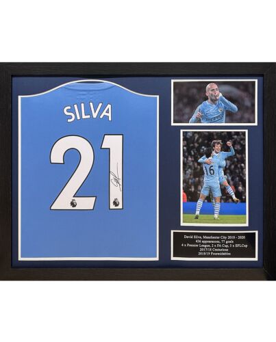 Manchester City FC David Silva Signed Shirt (Framed)-TM-04680