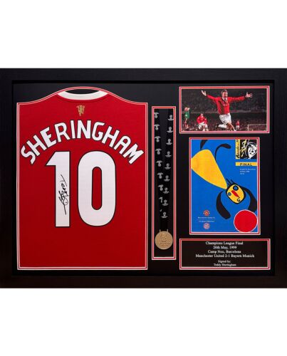 Manchester United FC Sheringham Signed Shirt & Medal (Framed)-TM-05405
