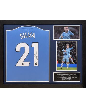 Manchester City FC David Silva Signed Shirt (Framed)-TM-04680
