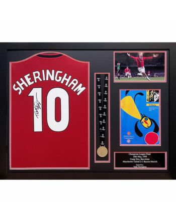 Manchester United FC Sheringham Signed Shirt & Medal (Framed)-TM-00437