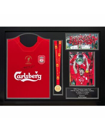 Liverpool FC 2005 Gerrard Signed Shirt & Medal (Framed)-TM-03200