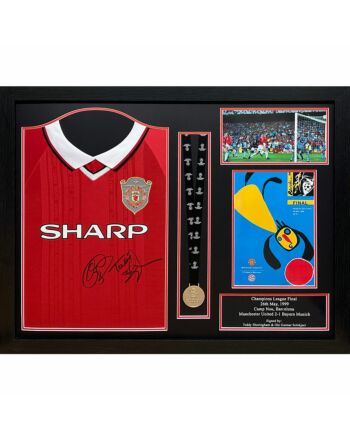 Manchester United FC 1999 Solskjaer & Sheringham Signed Shirt & Medal (Framed)-TM-03202