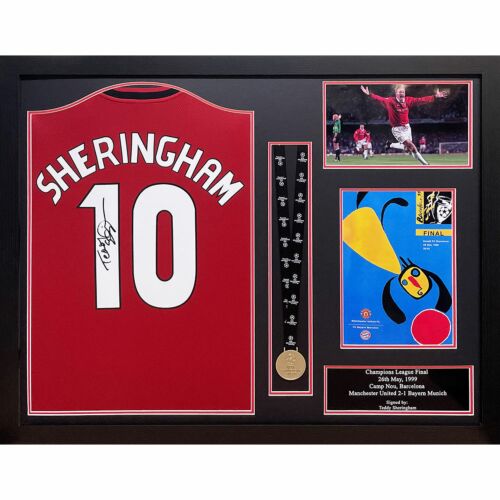 Manchester United FC Sheringham Signed Shirt & Medal (Framed)-TM-00437